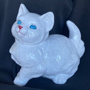 Vintage Italian Art Pottery Cat Figurine, MCM, White w/ Blue Eyes, 7.5” High